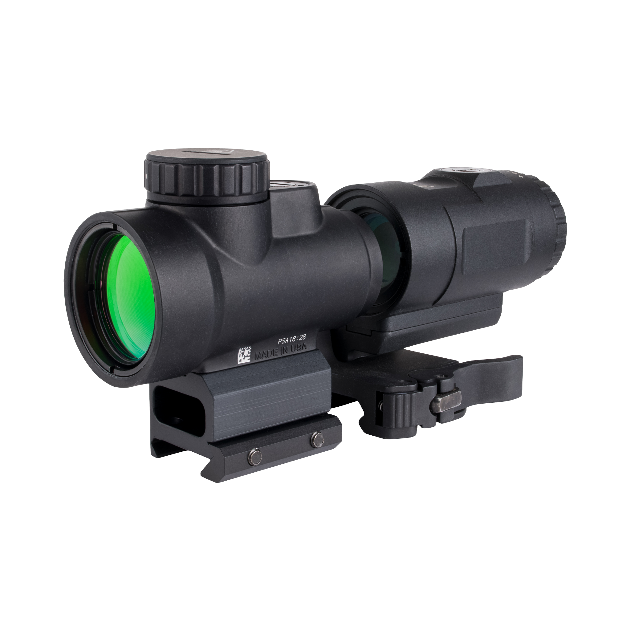 Trijicon MRO® SD 1x25 ar 3x palielinātāju, regulējams LED ar 2,0 MOA punktu; pilnībā pulksteņrādītāja virzienā pagriežams Q-LOC (AC32070); 3x palielinātājs ar QR-FTS