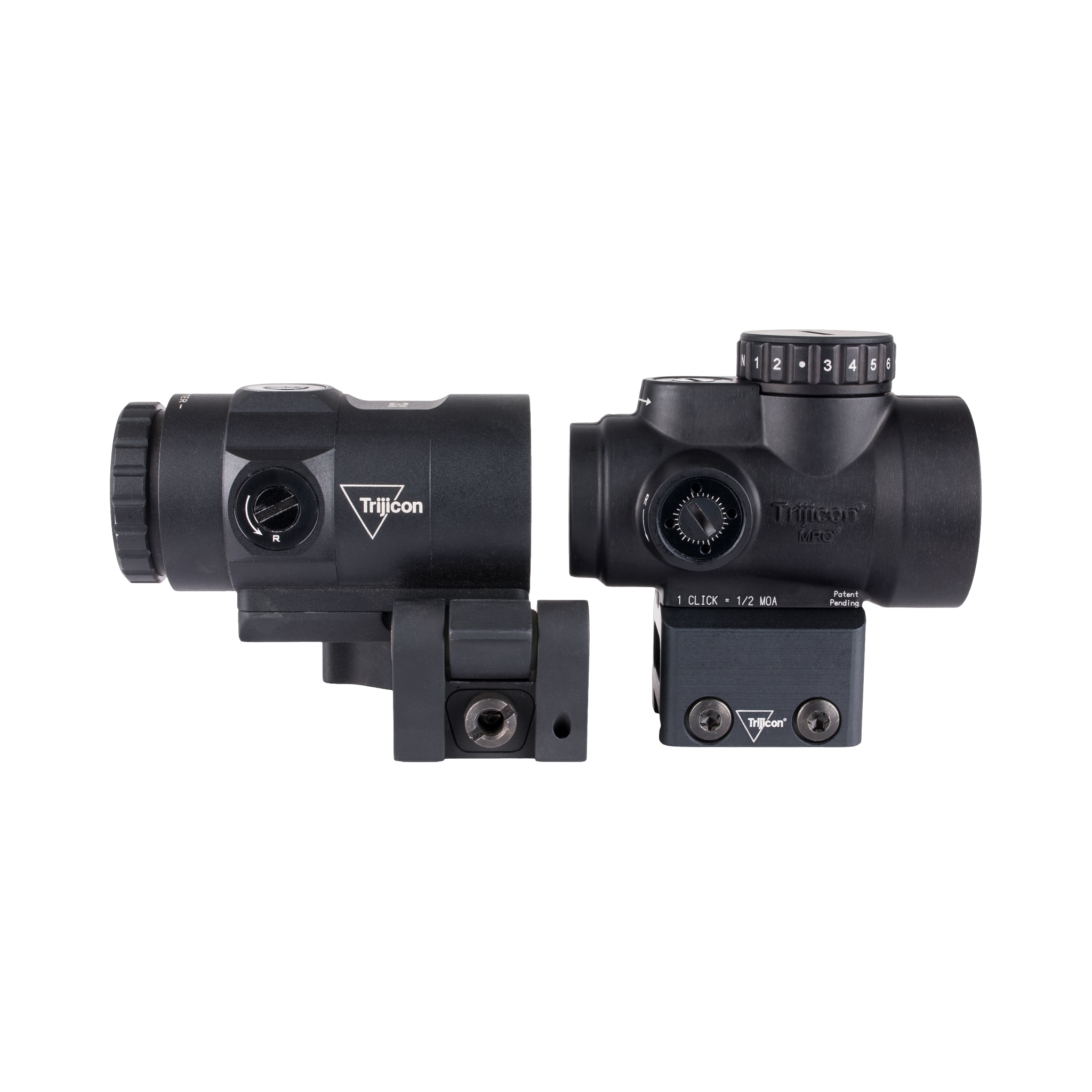 Trijicon MRO® SD 1x25 ar 3x palielinātāju, regulējams LED ar 2,0 MOA punktu; pilnībā pulksteņrādītāja virzienā pagriežams Q-LOC (AC32070); 3x palielinātājs ar QR-FTS