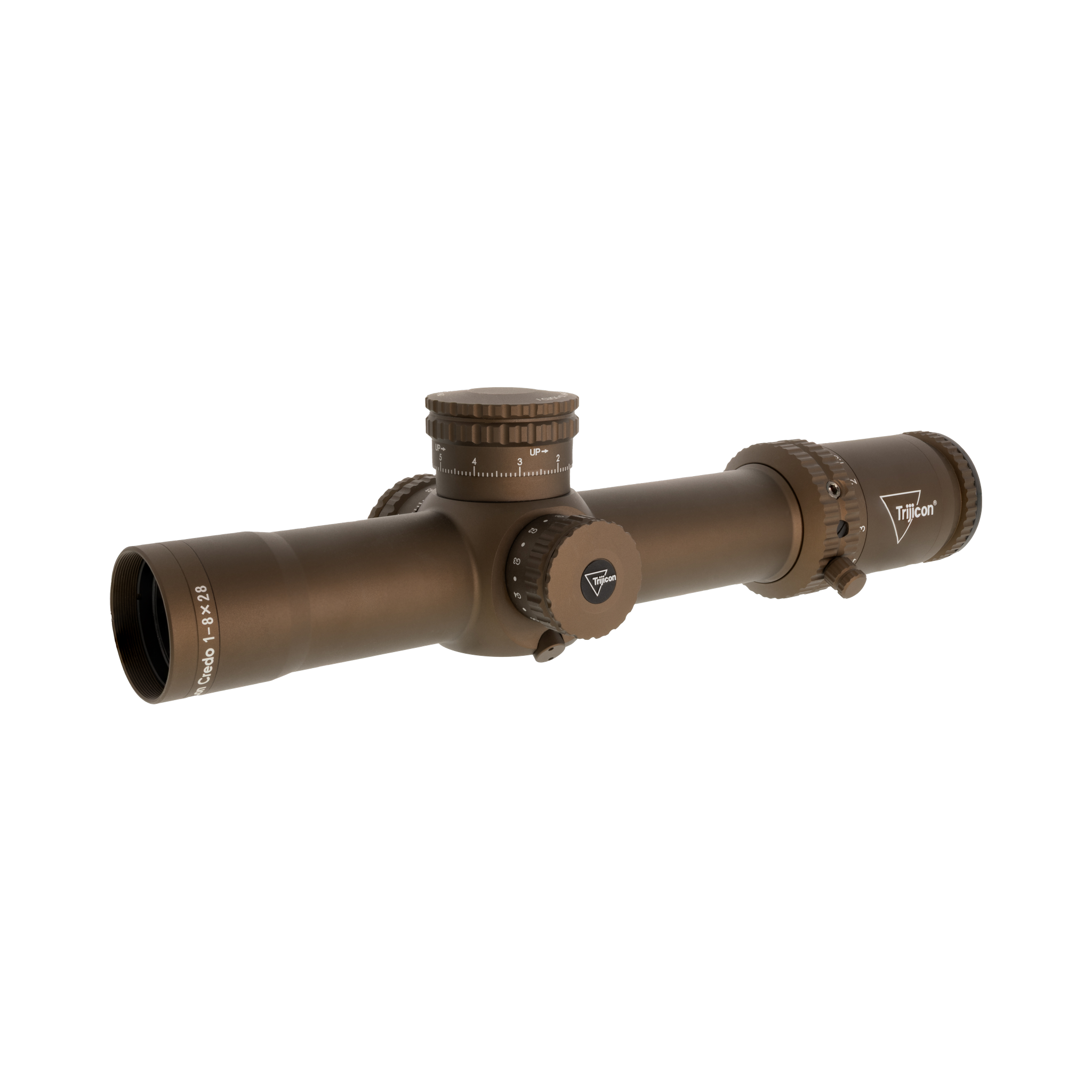 Credo® 1-8x28 FFP, koijota brūns, ar sarkanu/zaļu MOA segmentētu apli, 34 mm, atklāti fiksatori