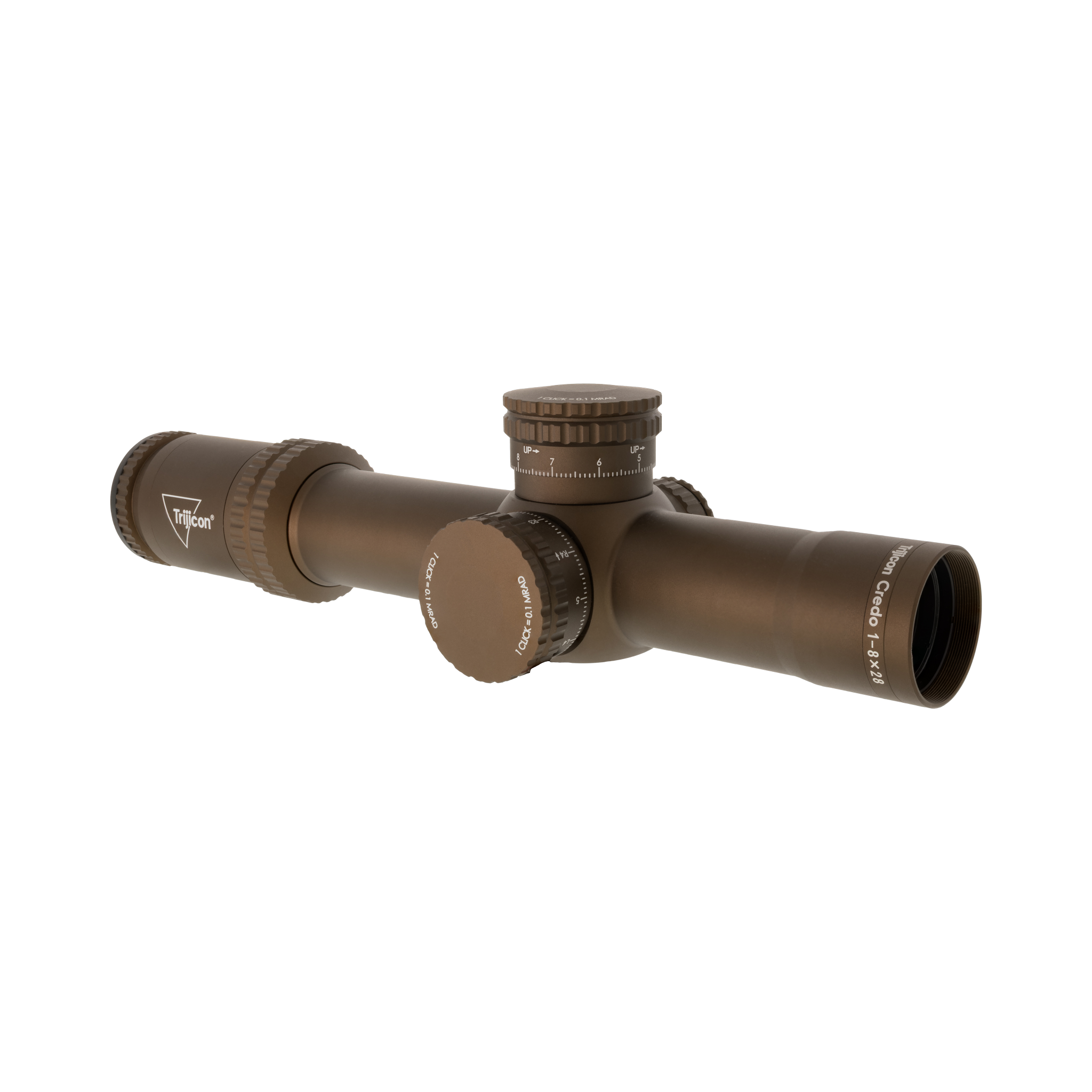 Credo® 1-8x28 FFP, koijota brūns, ar sarkanu/zaļu MOA segmentētu apli, 34 mm, atklāti fiksatori