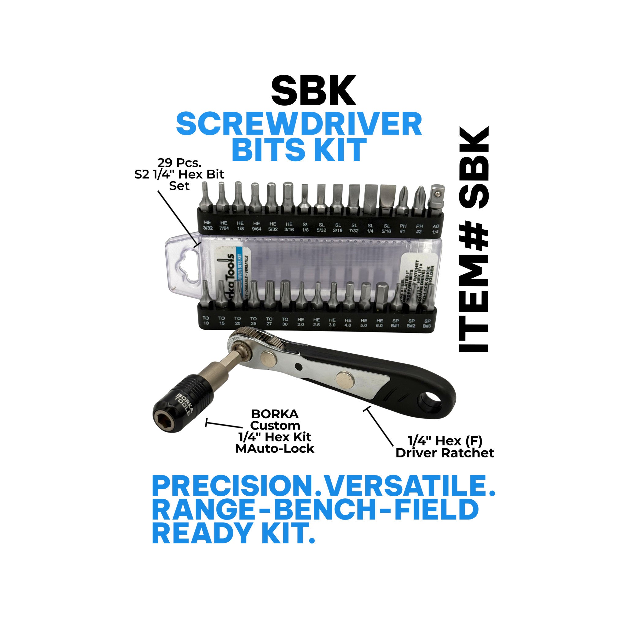 Borka Screwdriver Bits Kit (SBK) incl. Ratch, Auto-lock Bit Holder, and 29 S2 Bits