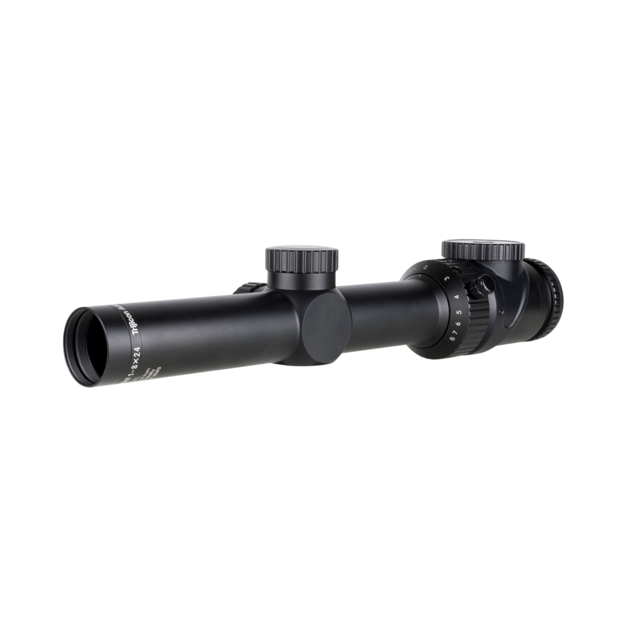 AccuPoint® 1-8x24 optiskais tēmēklis ar BAC, sarkanu trīsstūra tēmējlīniju, 30 mm cauruli, satīna melnā krāsā, ar aizsargvāciņu
