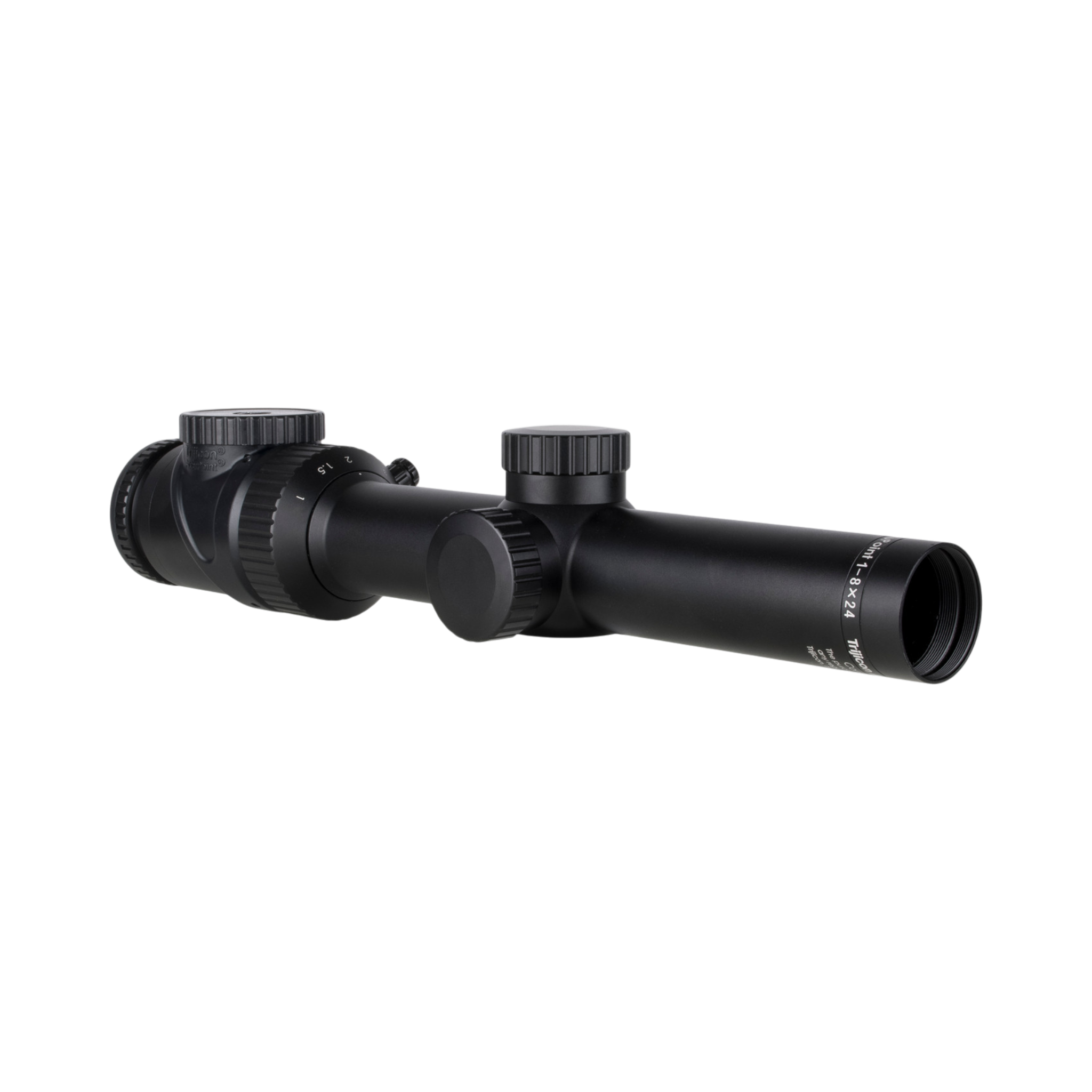 AccuPoint® 1-8x24 optiskais tēmēklis ar BAC, sarkanu trīsstūra tēmējlīniju, 30 mm cauruli, satīna melnā krāsā, ar aizsargvāciņu
