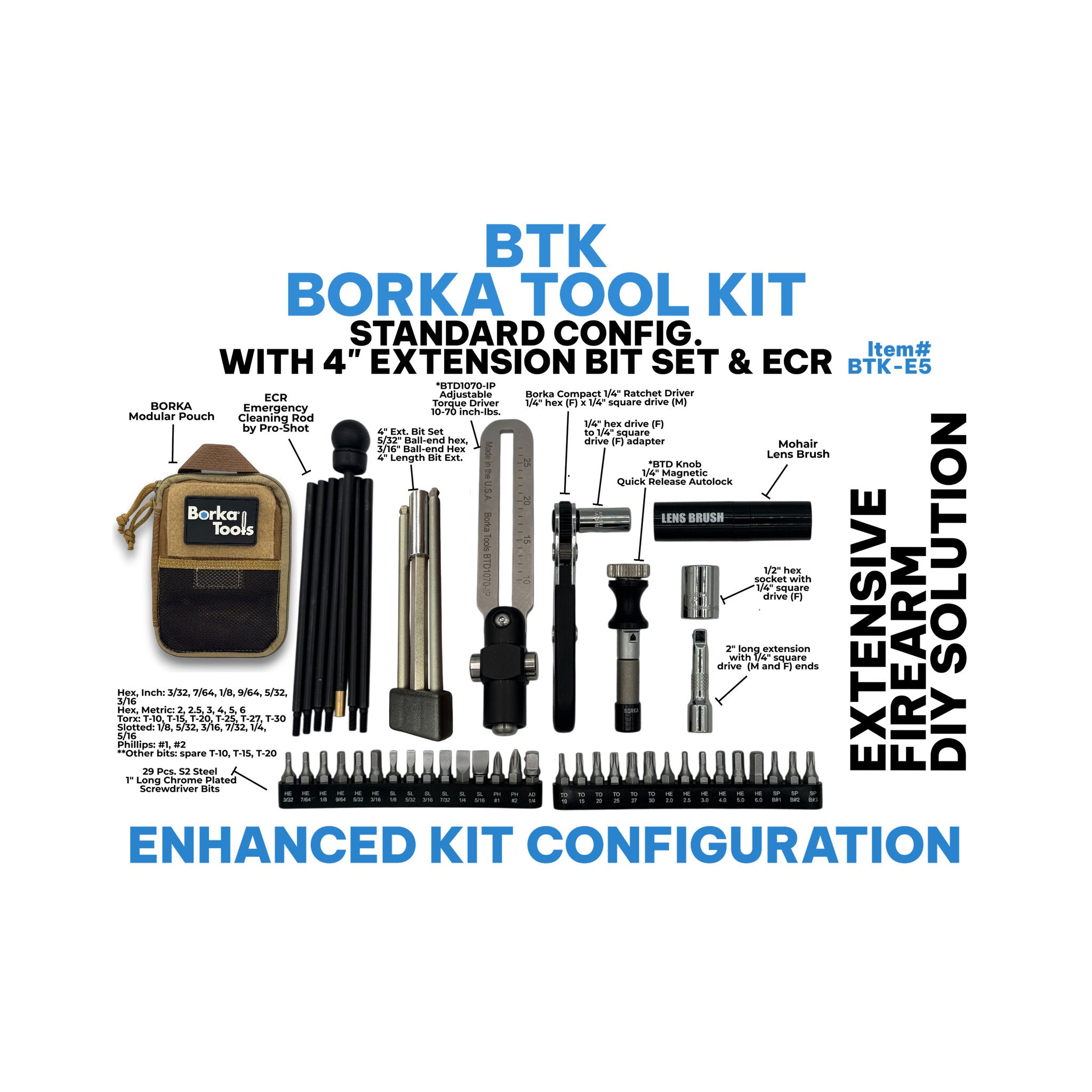 Borka instrumentu komplekts (standarta konfigurācija) ar papildu uzgaļu komplektu un (ECR) avārijas tīrīšanas stieni